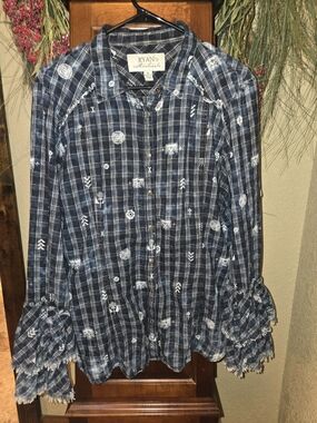 Ryan Michael Navy Plaid Button-Front Ruffle Sleeve Top